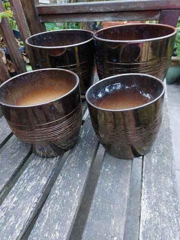 4 Aardewerk Bloempotten - Donkerbruin metallic  beschikbaar voor biedingen