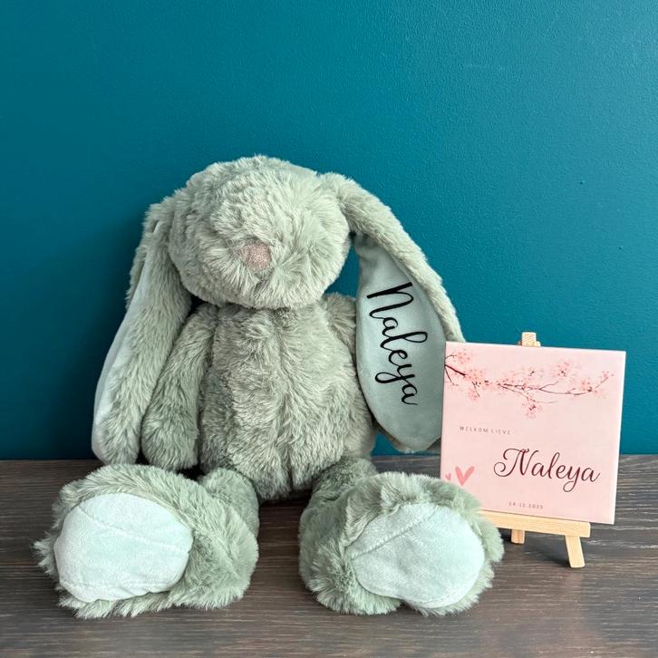 kraamcadeau knuffel konijn groen met naam, Kinderen en Baby's, Kraamcadeaus en Geboorteborden, Nieuw, Kraamcadeau, Ophalen of Verzenden