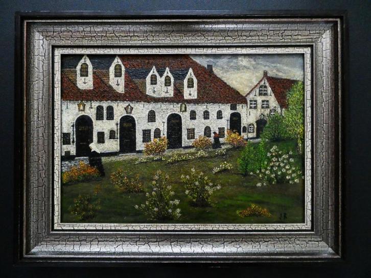 Schilderij van een Begijnhof afkomstig uit België gesign. JR, Antiek en Kunst, Kunst | Schilderijen | Klassiek, Ophalen of Verzenden