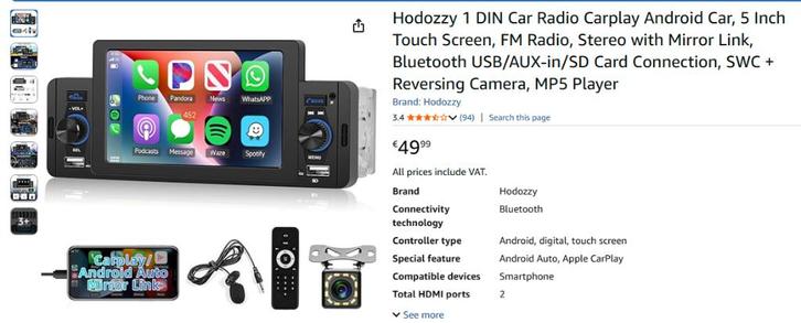 Hodozzy 1 DIN Car Radio Carplay Android Car, Auto diversen, Autoradio's, Zo goed als nieuw, Ophalen