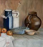 Schilderij stilleven kannen, kruik en fruit., Antiek en Kunst, Kunst | Schilderijen | Klassiek, Ophalen of Verzenden