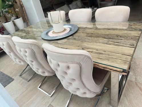 Velvet "Eric Kuster/Richmond" style stoelen 6 stuks beige, Huis en Inrichting, Stoelen, Gebruikt, Vijf, Zes of meer stoelen, Stof