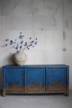 Unieke Chinees 3-Deurs Blauw Houten Dressoir Kleurrijke Kast, Met deur(en), Metaal, Bohemian Landelijk Uniek Vintage Style Oosters Kleurrijk Retro