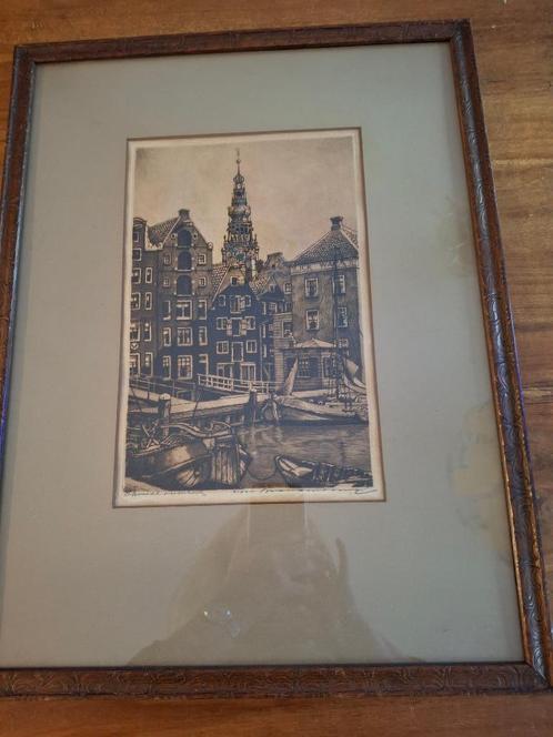 Cornelis Brandenburg -  ingelijste ets v/h Damrak Amsterdam, Antiek en Kunst, Kunst | Etsen en Gravures, Ophalen of Verzenden