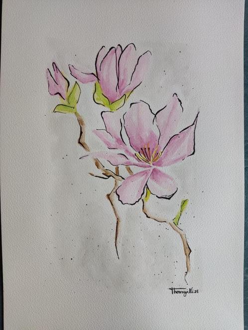 Origineel Aquarel “Magnolia”, Antiek en Kunst, Kunst | Schilderijen | Klassiek, Ophalen of Verzenden
