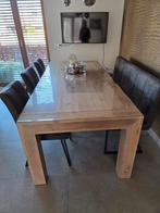 Massief eiken eettafel met eettafelbank en 3 eetkamerstoelen, Ophalen, Zo goed als nieuw