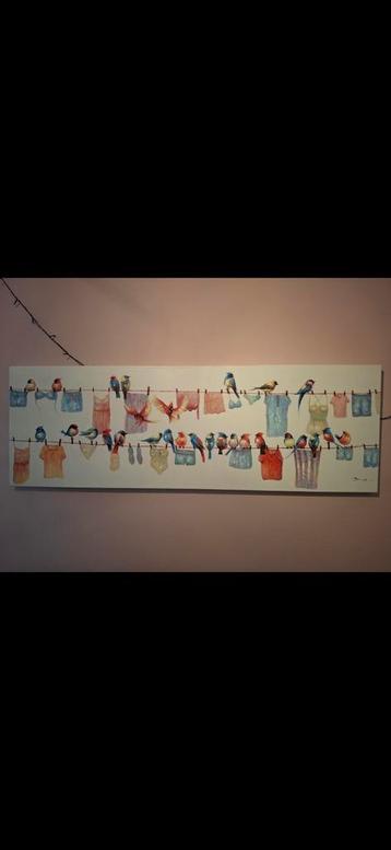 Leuk, vrolijk schilderij Vogeltjes met waslijn beschikbaar voor biedingen