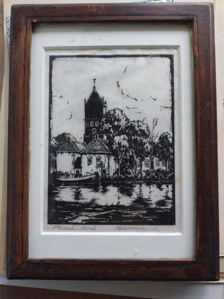 Houtsnede Friesch dorp J. Staats Kiewiet in houten lijst, Antiek en Kunst, Kunst | Etsen en Gravures, Ophalen of Verzenden