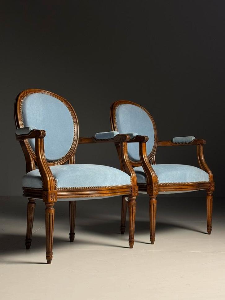 Set van 2 Franse stoelen blauw, Huis en Inrichting, Fauteuils, Zo goed als nieuw, 50 tot 75 cm, 75 tot 100 cm, Ophalen