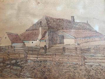 Texelse Boerderij Oud ingekleurde pentekening G Bruggen  beschikbaar voor biedingen