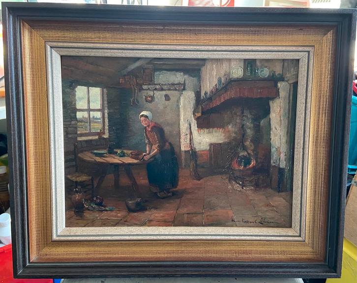 Veluws interieur met doorkijkje naar buiten., Antiek en Kunst, Kunst | Schilderijen | Klassiek, Ophalen of Verzenden
