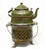 Donkergroen met gouden bies emaille keteltje met rechaud, Ophalen of Verzenden