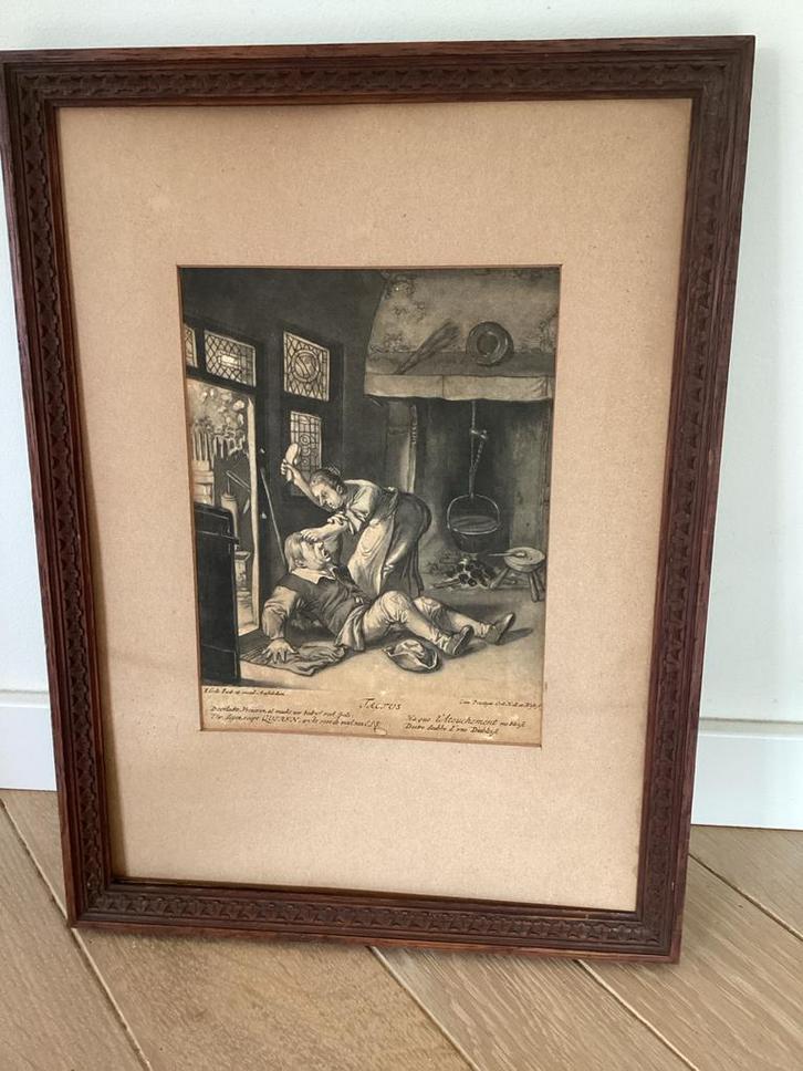 Oude prent 'Tactus' in houten lijst, Antiek en Kunst, Kunst | Etsen en Gravures, Ophalen