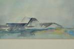 Fraaie aquarel gestileerd landschap/boerderij ipst., Ophalen of Verzenden