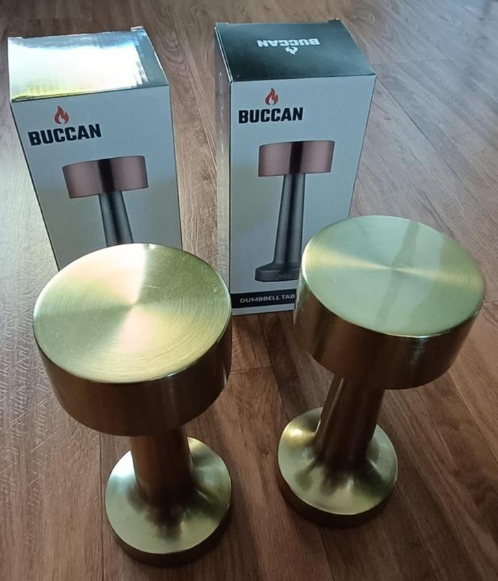 Twee buccan oplaadbare tafellampen, Huis en Inrichting, Lampen | Tafellampen, Zo goed als nieuw, Minder dan 50 cm, Metaal, Ophalen of Verzenden