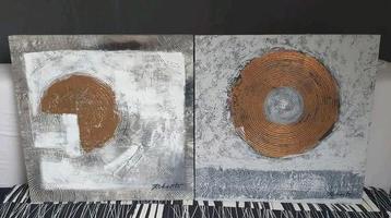 Schilderij Set van 2 - Abstract Goud & Zilver beschikbaar voor biedingen