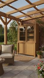 Teak Buffetkast Vitrinekast Keukenkast, Masief licht eiken, Glas, Met deur(en), 100 tot 150 cm