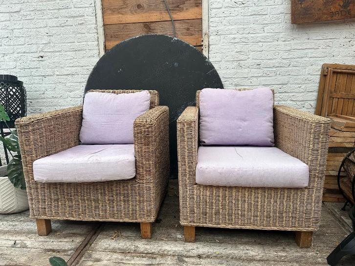 Twee prachtige rotan tuinstoelen, zware kwaliteit, Huis en Inrichting, Stoelen, Gebruikt, Twee, Riet of Rotan, Stof, Overige kleuren