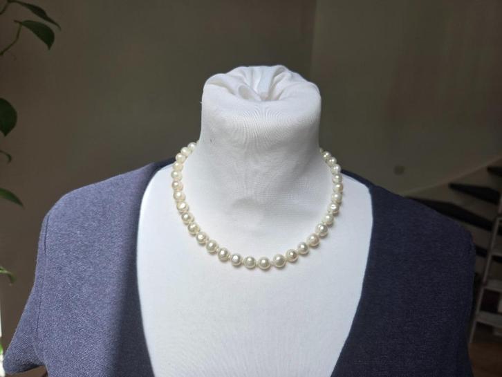 Parelketting zilver, Sieraden, Tassen en Uiterlijk, Antieke sieraden, Ketting, Zilver, Ophalen of Verzenden