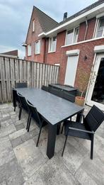 Buiten eettafel met keramieken blad + 8 stapelbare stoelen, Tuin en Terras, Ophalen, Zo goed als nieuw, Wicker, Eettafel