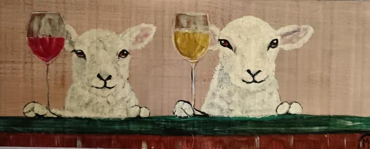 Vrolijke schaapjes geschilderd op hout, Antiek en Kunst, Kunst | Schilderijen | Klassiek, Ophalen