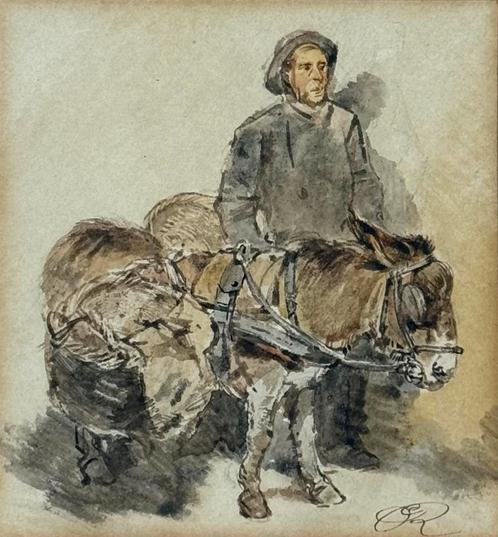 Man met zijn ezel - Charles Rochussen - Aquarel, Antiek en Kunst, Kunst | Schilderijen | Modern, Ophalen
