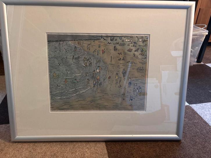 Schilderij Jeanne Quispel - Strand Oostende 1992, Antiek en Kunst, Kunst | Litho's en Zeefdrukken, Ophalen