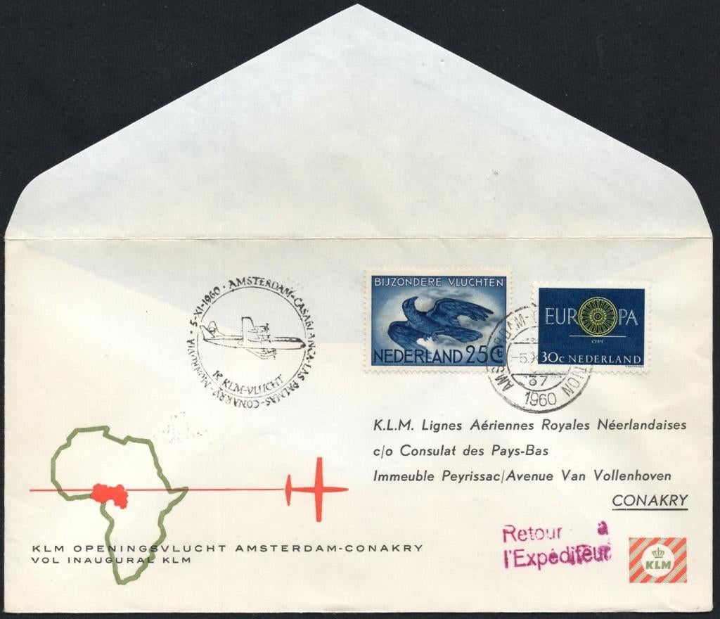 1e KLM vlucht Conakry 1960, Verzenden, Envelop