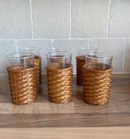 6x retro limonadeglas + 4x retro theeglazen, rieten houder, Huis en Inrichting, Glas of Glazen, Ophalen of Verzenden, Overige stijlen