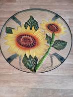 Tafeltje met glasplaat en zonnebloem decoratie, Minder dan 55 cm, Gebruikt, Rond, Glas