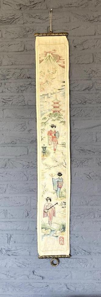Vintage geborduurd schellekoord wandhanger Japanse geishas, Antiek en Kunst, Antiek | Kleden en Textiel, Ophalen of Verzenden