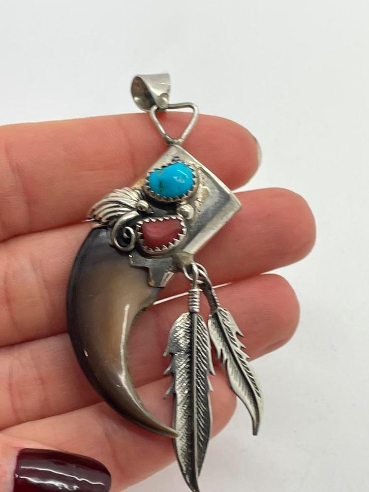 A393 Prachtige zilveren Navajo beerklauw hanger, Sieraden, Tassen en Uiterlijk, Kettinghangers, Zilver, Zilver, Overige voorstellingen