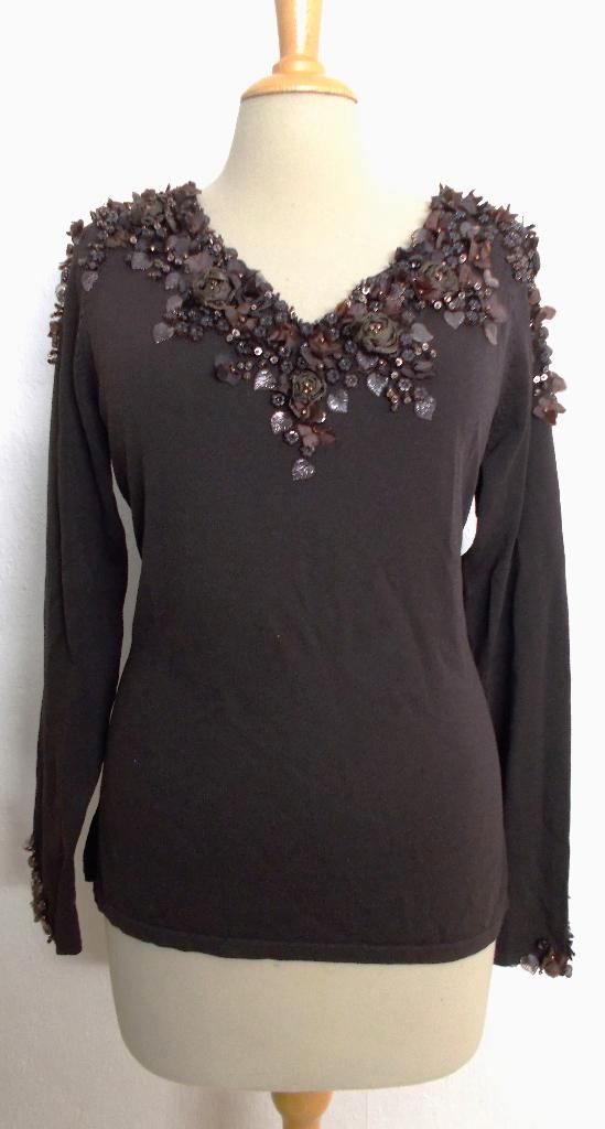 Bruine stretch glamour bewerkte top van Philippe Carat! L, Kleding | Dames, Tops, Zo goed als nieuw, Maat 42/44 (L), Bruin, Lange mouw