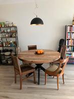Mangohouten ronde eettafel met stalen poten, Huis en Inrichting, Tafels | Eettafels, Ophalen, Rond, Zo goed als nieuw, Vijf personen of meer