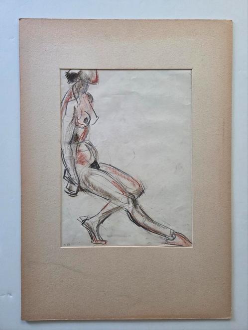 Jan Visser 1897-1968. Schets. Naakt. Zittende vrouw. Krijt., Antiek en Kunst, Kunst | Tekeningen en Foto's, Ophalen of Verzenden