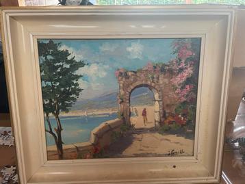 Klassiek schilderij J. Grillo, Italiaans landschap met zeezi beschikbaar voor biedingen