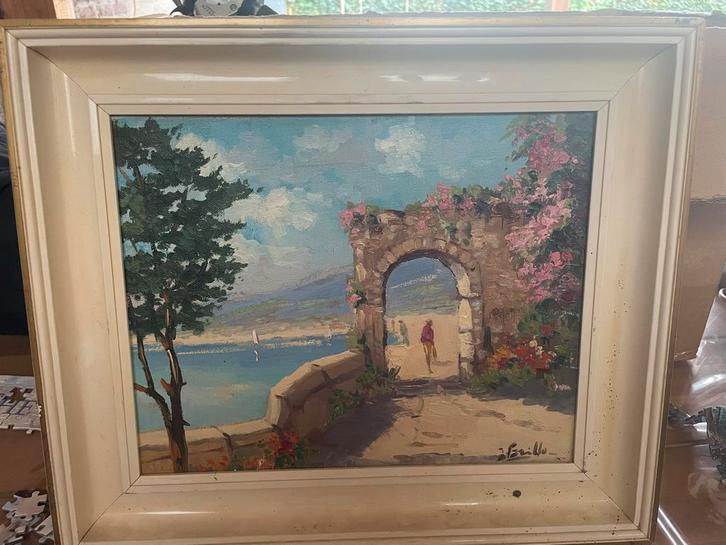 Klassiek schilderij J. Grillo, Italiaans landschap met zeezi, Antiek en Kunst, Kunst | Schilderijen | Klassiek, Ophalen