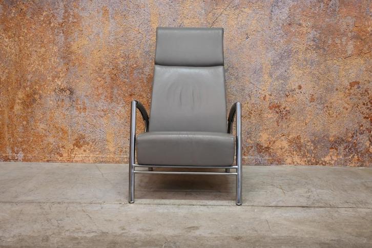 ZGAN! grijze leren Harvink de Club Flex design relaxfauteuil, Huis en Inrichting, Fauteuils, Zo goed als nieuw, Leer, Metaal, 50 tot 75 cm