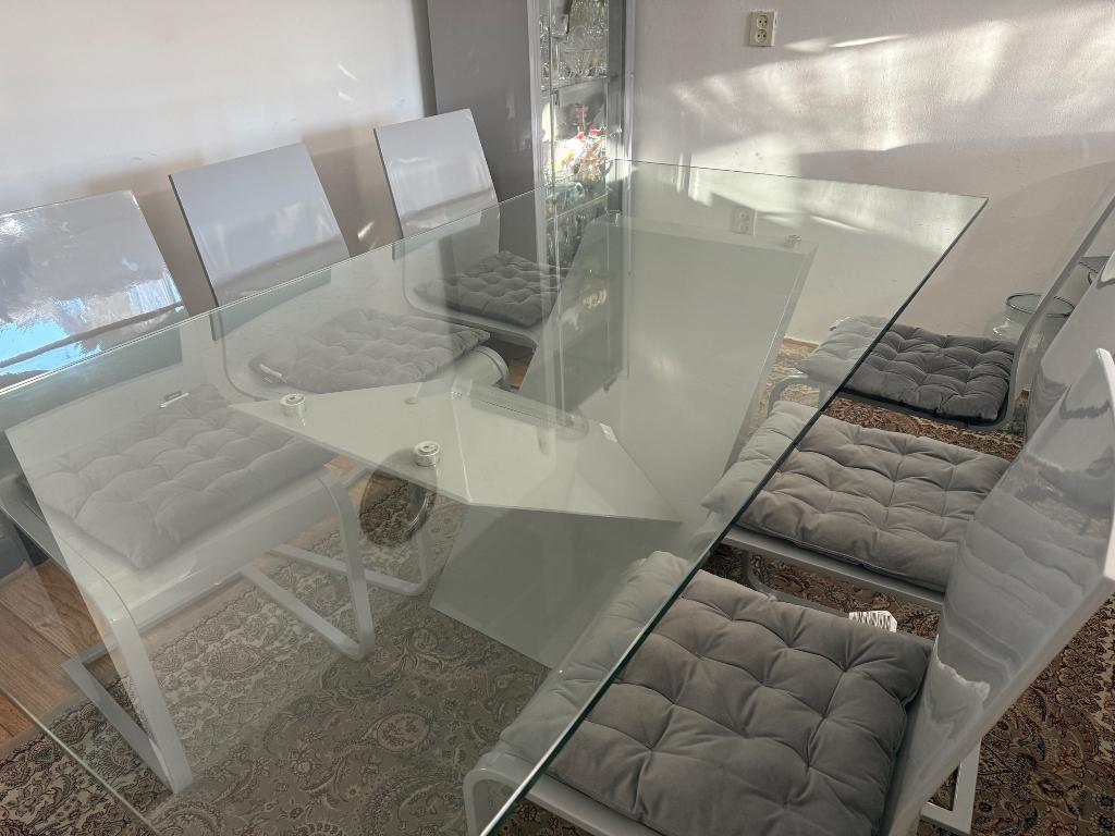Eettafel (Gehard glas) met stoelen, Huis en Inrichting, Tafels | Eettafels, Ophalen, 100 tot 150 cm, 50 tot 100 cm, Vijf personen of meer