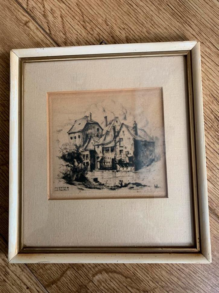 Zicht op Zutphen - Ingelijste Tekening, Antiek en Kunst, Kunst | Etsen en Gravures, Ophalen of Verzenden