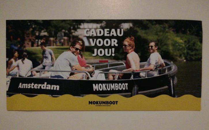 Voucher 3 uur(zelf)varen bij Mokumboot, 6 pers. twv €140,00, Tickets en Kaartjes, Overige Tickets en Kaartjes, Drie personen of meer