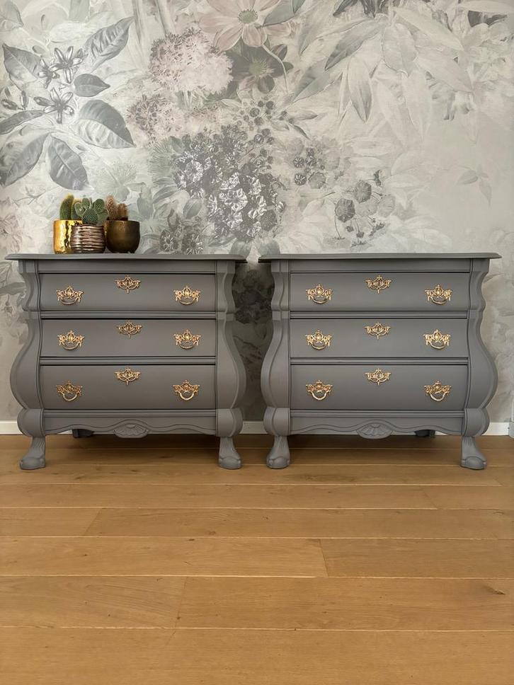 Set van 2 buikkastjes - Grijs met gouden details, Huis en Inrichting, Kasten | Ladekasten, Gebruikt, Minder dan 100 cm, 50 tot 100 cm