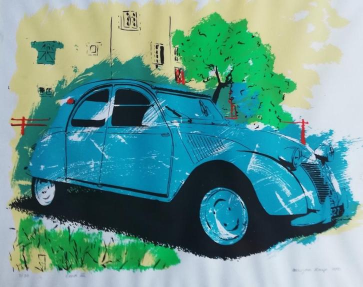 Mirjan Knip. 2 CV. '91. Sign & genummerd. 7/30. 60/50 cm., Antiek en Kunst, Kunst | Litho's en Zeefdrukken, Ophalen