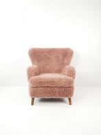 Vintage fauteuil roze doodle nieuw gestoffeerd oorfauteuil, Hout, ., Minder dan 75 cm, Nieuw