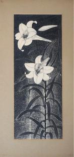 Jan Veringa houtsnede op "Stokrozen", in passepartout, Huis en Inrichting, Woonaccessoires | Schilderijen, Tekeningen en Foto's