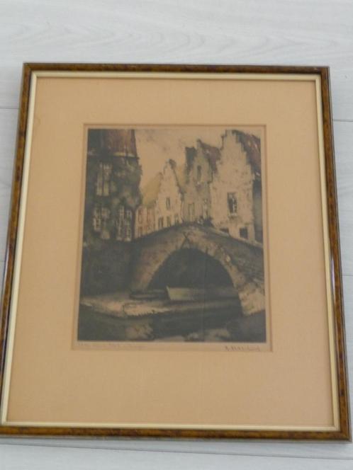 oude ets - VIEUX PONT A BRUGES -BRUGGE - N.Hubbeling, Antiek en Kunst, Kunst | Etsen en Gravures, Ophalen