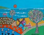 Schilderij Dorpje aan zee met vlaggetjes molen vrolijk acryl, Antiek en Kunst, Ophalen of Verzenden