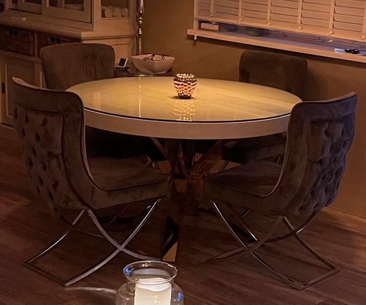 4 stuks Eetkamerstoelen Eric Kuster style, Huis en Inrichting, Stoelen, Zo goed als nieuw, Vier, Stof, Grijs, Ophalen