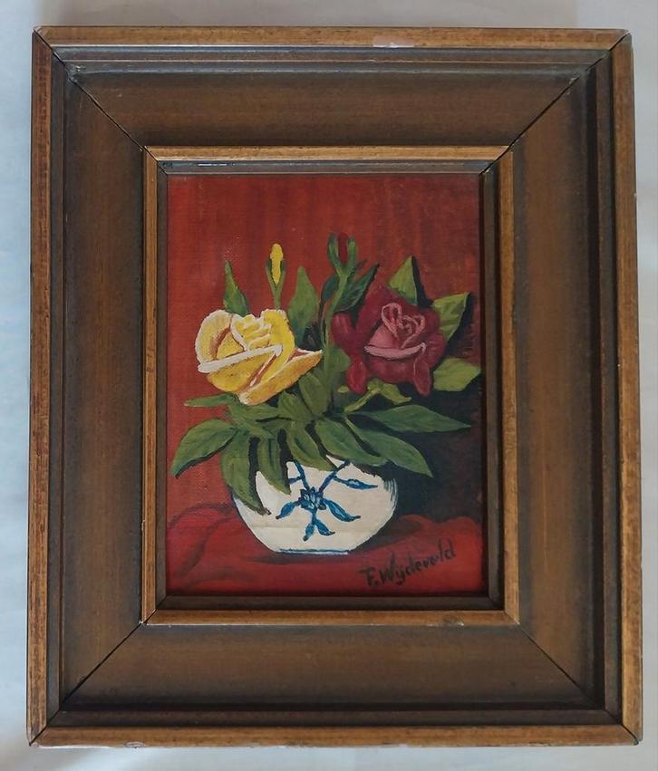 F. Wijdeveld (XXe) - Miniatuur - Rozen - 1950, Antiek en Kunst, Kunst | Schilderijen | Klassiek, Ophalen of Verzenden