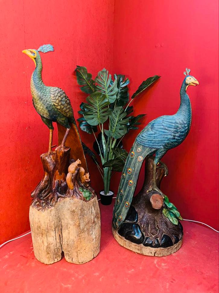 Twee mega grote houtsnijwerk pauwen beelden, Antiek en Kunst, Kunst | Beelden en Houtsnijwerken, Ophalen